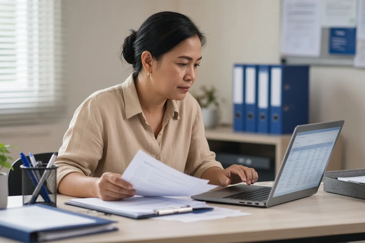 Administrator organizing records and working on a laptop at a desk