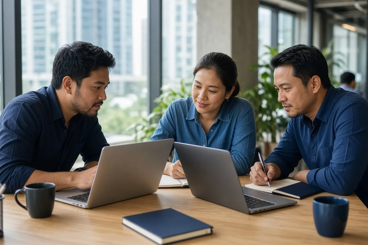 Professionals collaborating with laptops around a shared work table