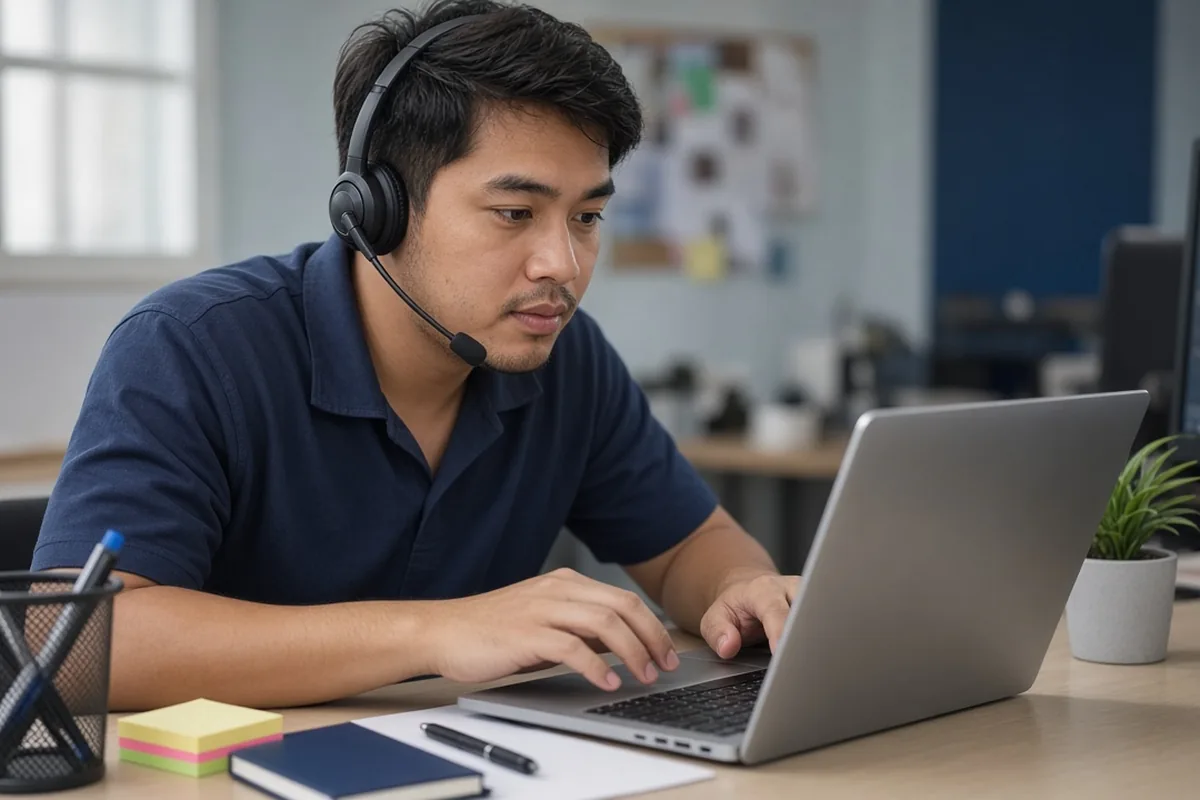 IT support specialist wearing a headset while working at a laptop