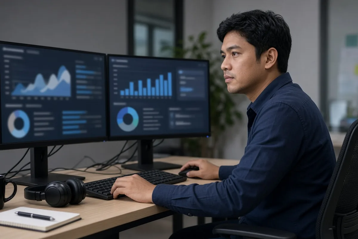 Engineer reviewing software quality work at a dual-monitor desk